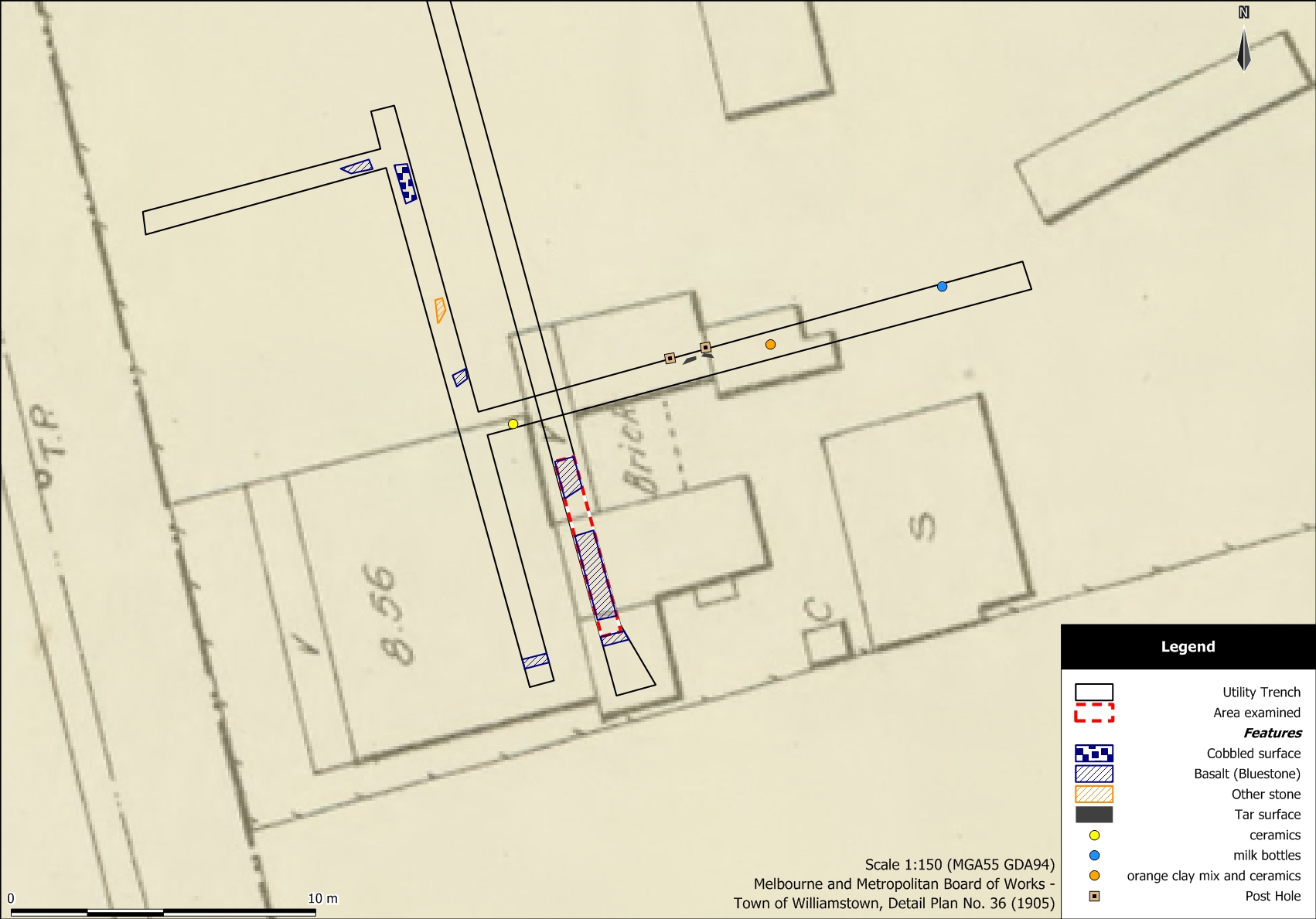 Excavated trenches and features identified overlaid on MMBW 1905 Map